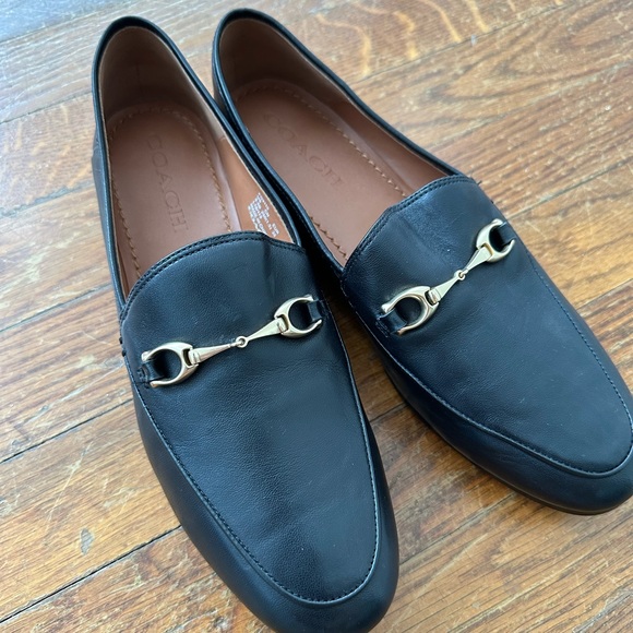 Coach Black Leather Loafers with Gold Accent - Picture 1 of 9